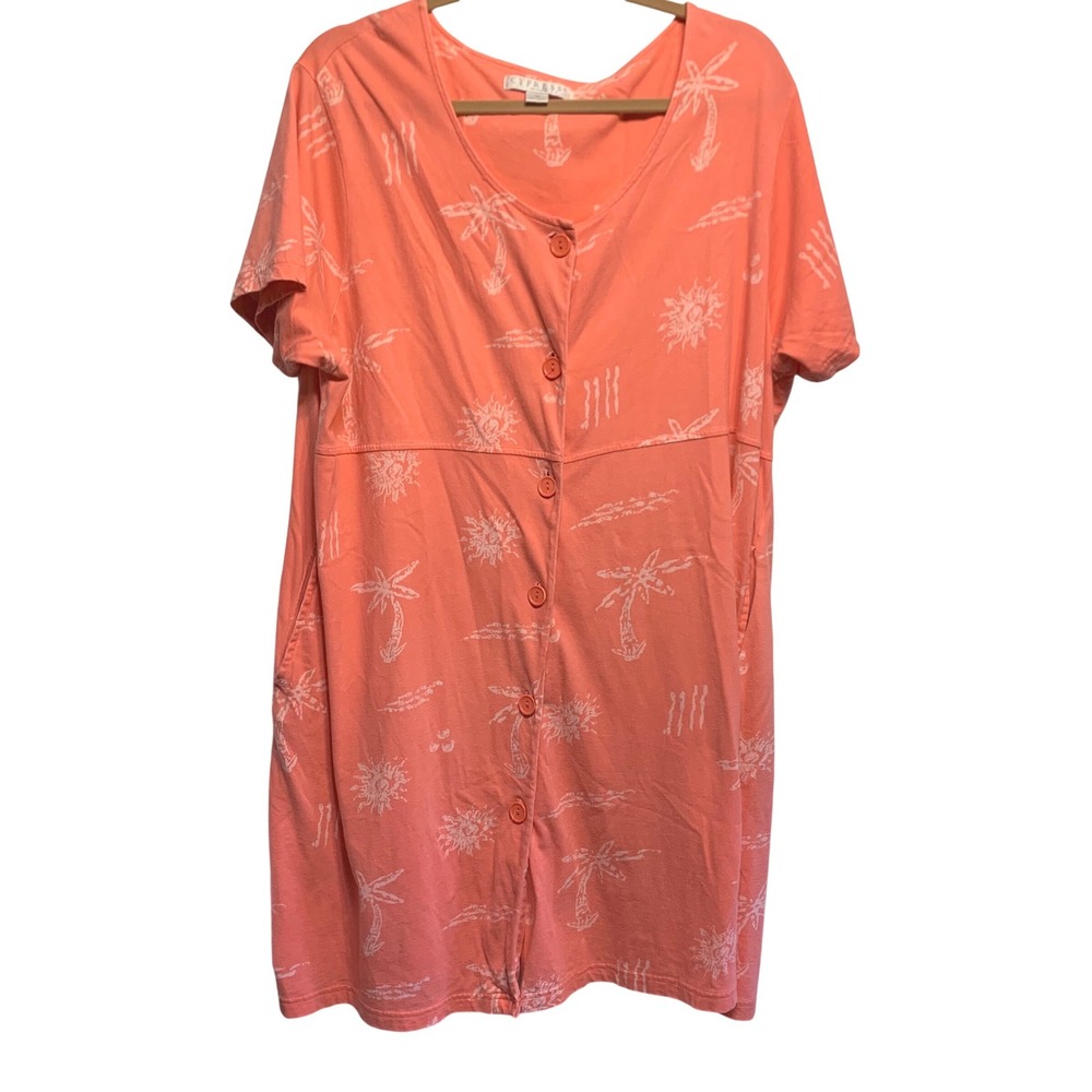 Cypress‎ Tropical Palm Tree Button Front Cover Up 1X Coral Pink Cotton Pocket
